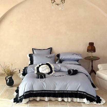 DecorBites™ Flowers Embroidery Ruffles Cotton Bedding Set with Duvet Cover, Sheet, Pillowcases