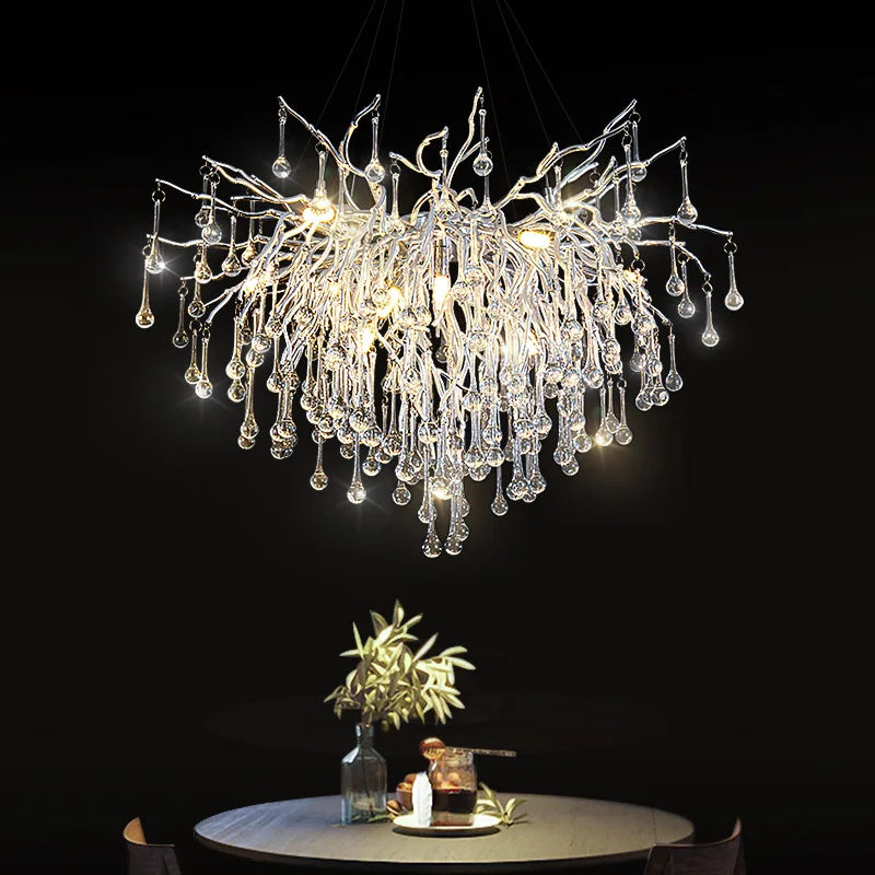 DecorBites™ Crystal Water Drop Branch Chandelier: Luxury LED Lighting for Hall, Living Room, or Bar