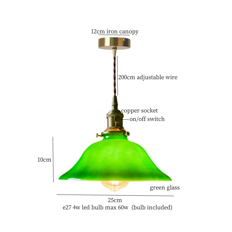 Green Glass Pendant Lamp Copper Base LED Included
