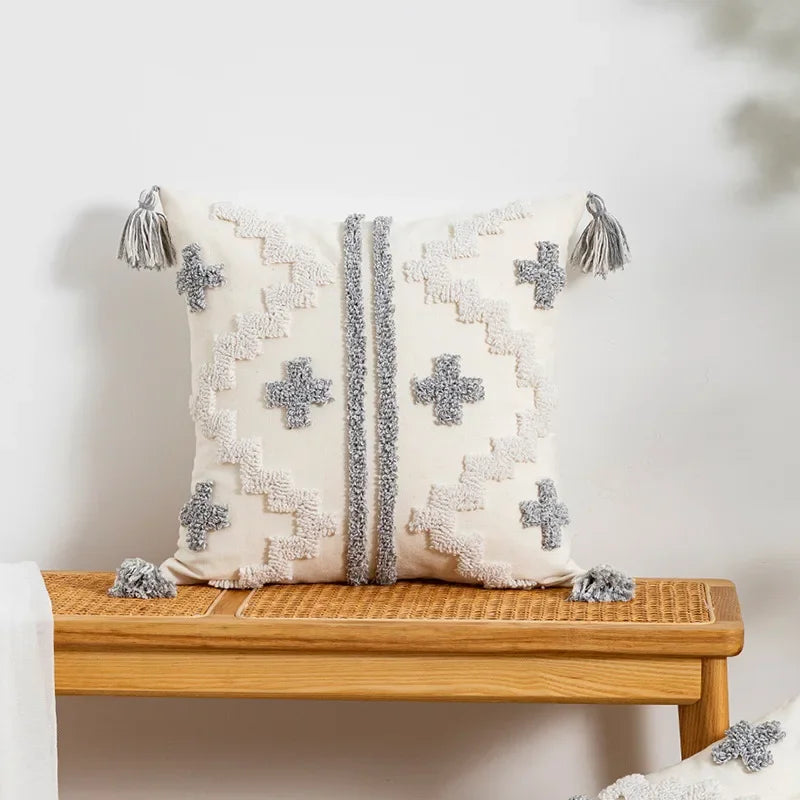 DecorBites™ Geometric Tufted Tassel Cushion Cover White Grey Bohemian Decor Pillow Cover