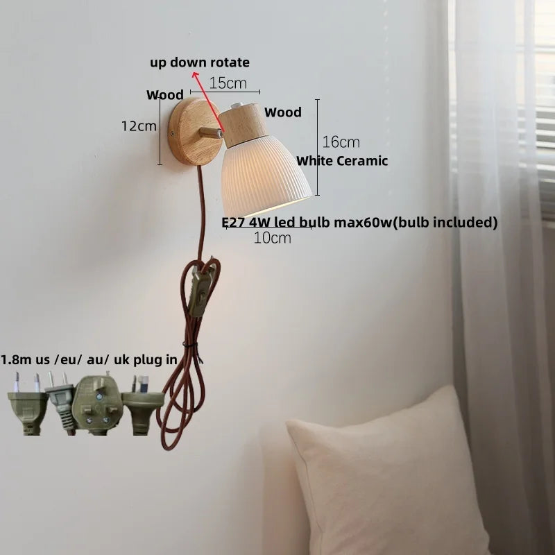 DecorBites™ LED Wall Lights Wood White Ceramic Rotate, Living Room Bedside Lamp