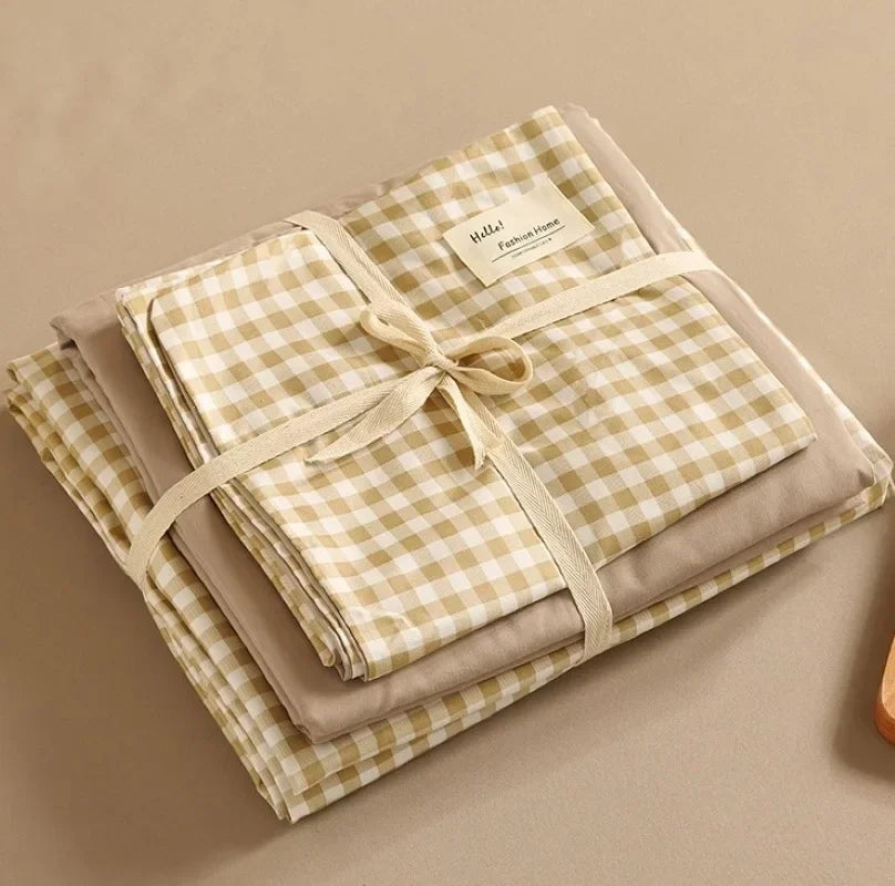 Cotton Grid Print Bed Set