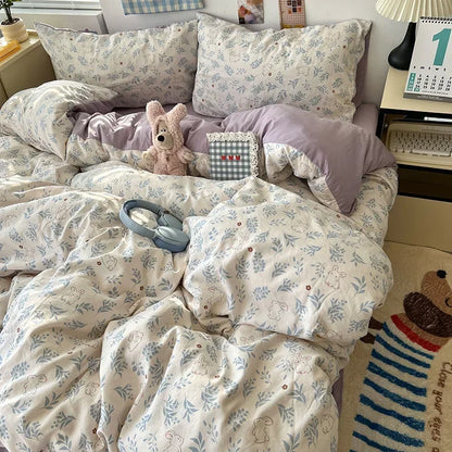DecorBites™ Cute Cartoon Washed Cotton 4-Piece Bedding Set for Spring Soft Skin-Friendly Sheets
