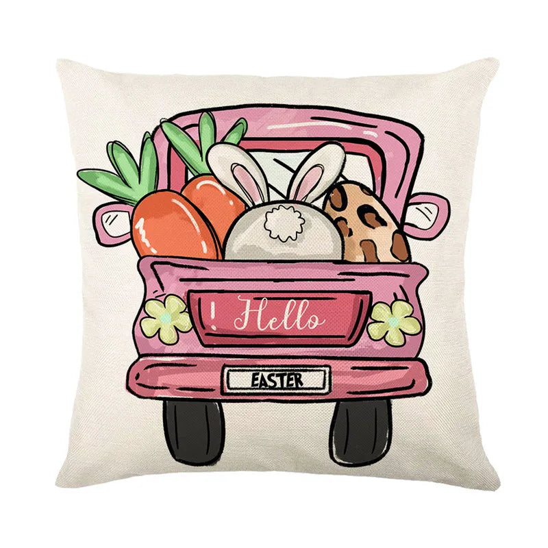 DecorBites™ Easter Bunny Rabbit Linen Cushion Cover 45x45cm - Flower Print Festival Pillowcase