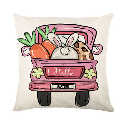 DecorBites™ Easter Bunny Rabbit Linen Cushion Cover 45x45cm - Flower Print Festival Pillowcase
