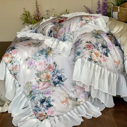 DecorBites™ French Flowers Lace Ruffles Princess Bedding Set with 1000TC Egyptian Cotton