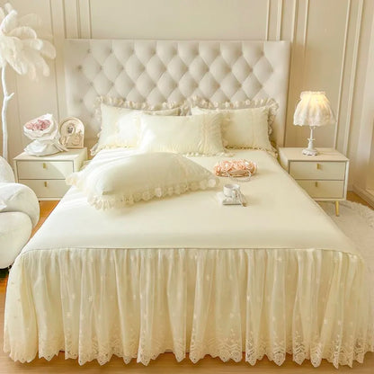 DecorBites™ Cotton Lace Princess Bed Sheet Set with Solid Color Bedspread