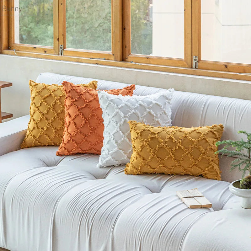 DecorBites™ Cotton Diamond Cushion Cover in Mustard Orange Beige for Living Room Sofa Bed