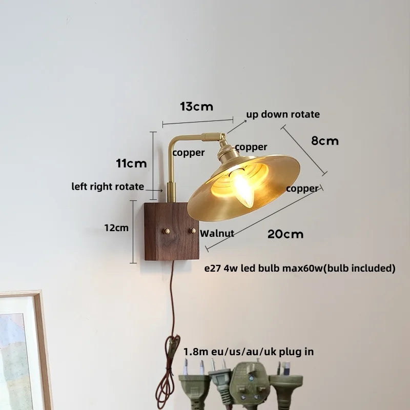 DecorBites™ LED Wall Light Walnut Wood Rotate Copper Bedside Lamp