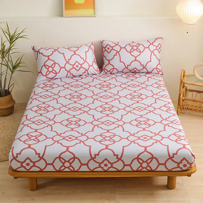 DecorBites™ Green Leaf Flower Fitted Sheet Set with 2 Pillowcases for All Seasons