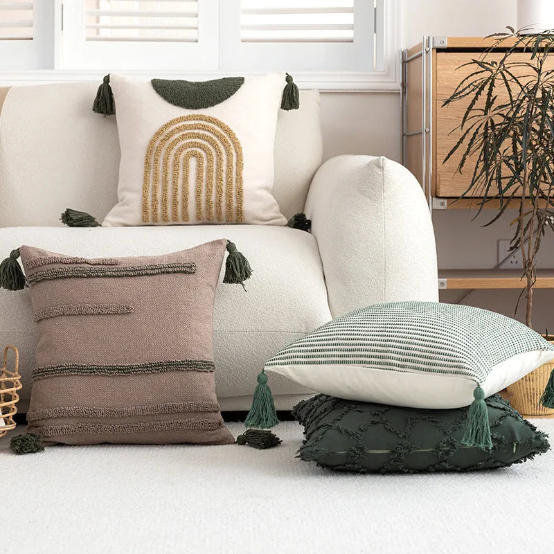 DecorBites™ Green Coffee Geometric Tuft Tassel Cushion Cover - Modern Minimalist Embroidered Pillowcase