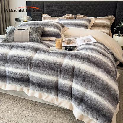DecorBites™ Cozy Faux Fur Bedding Set: Gradient Rabbit Fur Plush Cover Sheet Pillowcases