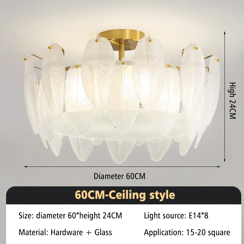 DecorBites™ Glass Feather Chandelier: Luxury Art Decor Ceiling Chandelier for Living Dining Room
