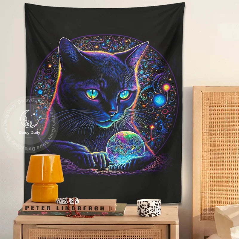 DecorBites™ Black Cat Tapestry: Trippy Magic Crystal Ball Wall Art for Boho Home Decor