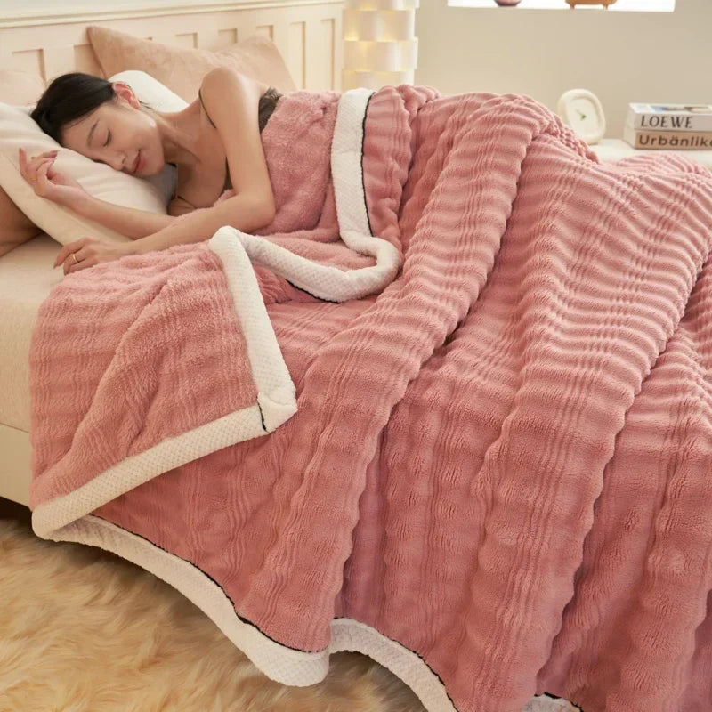DecorBites™ Cozy Rabbit Plush Blanket: Soft Striped Warm Sofa Throw, Absorbent Breathable Nap Blanket