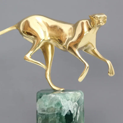 DecorBites™ Golden Leopard Brass Cheetah Figurine Green Marble Base Metal DecorAccessory