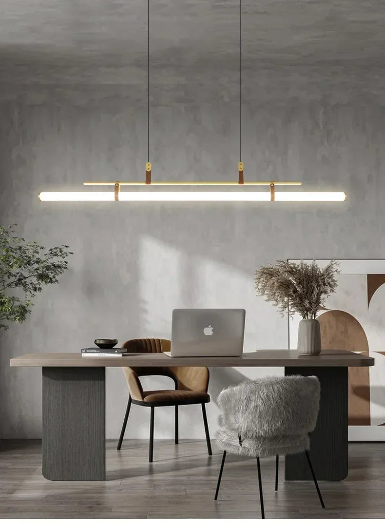 DecorBites™ Eden Modern Black Gold Leather Tube LED Pendant Chandelier