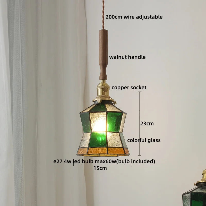 DecorBites™ Green Glass LED Pendent Lamps, Walnut Copper Modern Hanging Light Fixtures