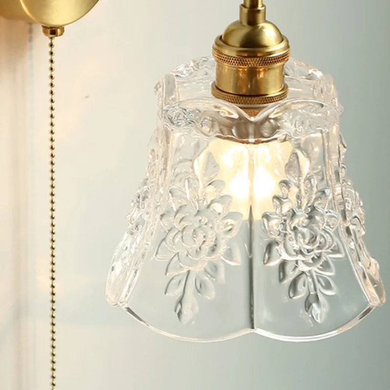 DecorBites™ Clear Glass LED Wall Sconce Pull Chain Switch Modern Copper Bedside Lamp