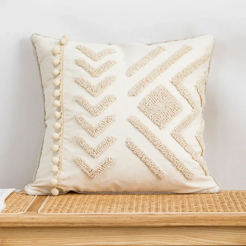 DecorBites™ Geometric Embroidery Tassel Cushion Cover - Grey White Simple Loop Tufted Pillow