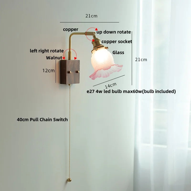DecorBites™ Glass Pink LED Wall Sconce, Pull Chain Switch, Walnut Wood Bedside Lamp
