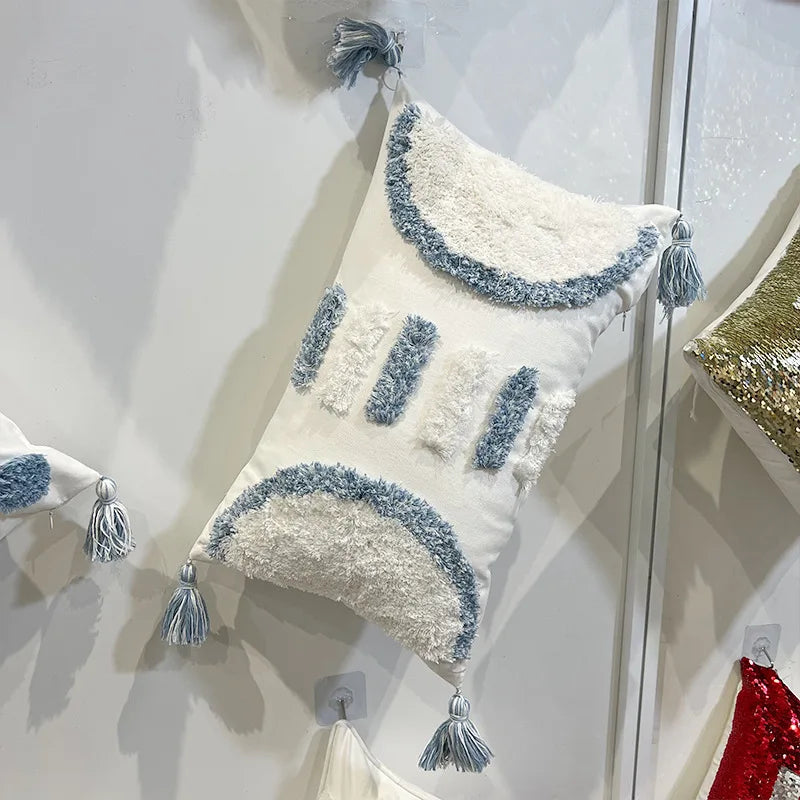 DecorBites™ Geometric Diamond Tufted Embroidery Pillowcases - Blue & White Fringed, 45x45/30x50cm