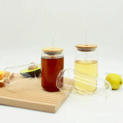 DecorBites™ Glass Cup Set with Bamboo Lid: Bubble Tea, Coffee, Wine, Milk Tea Mug.