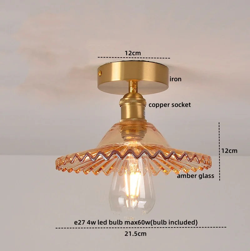 DecorBites™ Green Glass Copper Ceiling Light Fixture Balcony Kitchen Modern LED Lamp