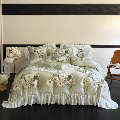 DecorBites™ French Flowers Lace Ruffles Bedding Set: Soft Silky Ice Silk for Single Queen King
