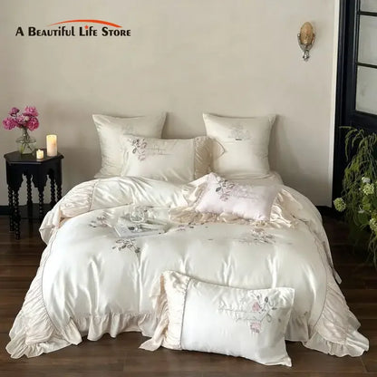 DecorBites™ Embroidered Lace Princess Bedding Set - 4 Piece Cotton Flowers Collection