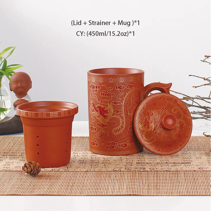 DecorBites™ Dragon Purple Clay Tea Mug with Lid Strainer, Handmade Yixing Teacup