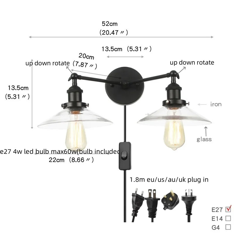 DecorBites™ Industrial LED Wall Light Fixture with Glass Pull Chain Switch - 2 Heads