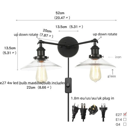 DecorBites™ Industrial LED Wall Light Fixture with Glass Pull Chain Switch - 2 Heads