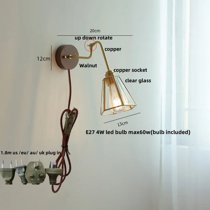 DecorBites™ Clear Glass LED Wall Sconce Pull Chain Switch Rotate Arm Walnut Wood Stair Light