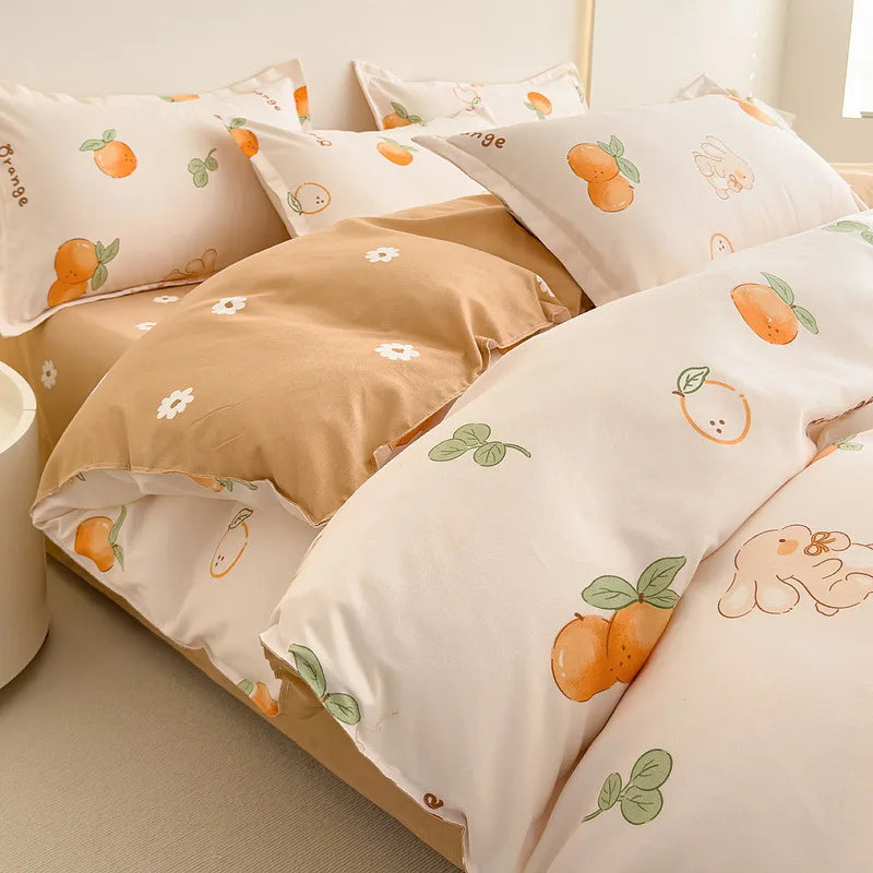 DecorBites™ Cozy Flower Print Bedding Set: Brushed Cotton, Skin-Friendly, Soft, Thick, 4Pcs