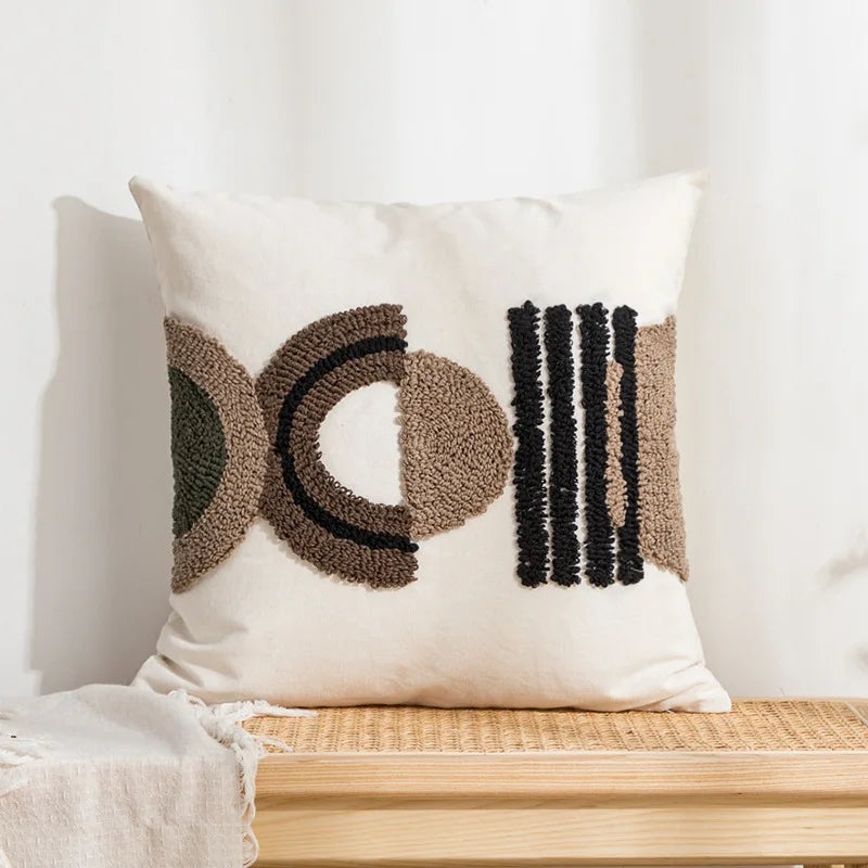 DecorBites™ Geometric Embroidery Boho Loop Tufte Cotton Canvas Cushion Cover 45x45/30x50cm