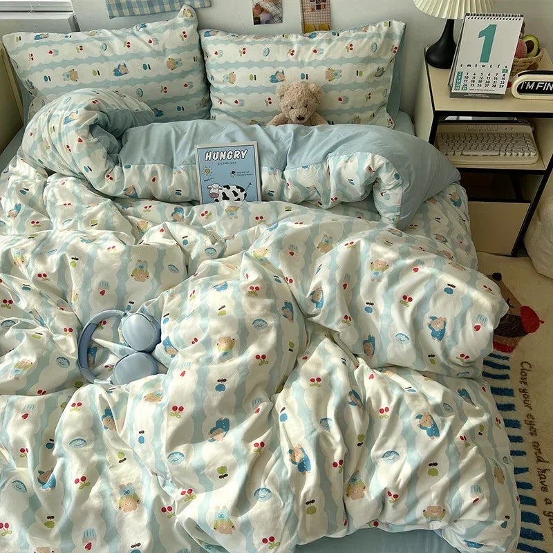 DecorBites™ Cute Cartoon Washed Cotton 4-Piece Bedding Set for Spring Soft Skin-Friendly Sheets