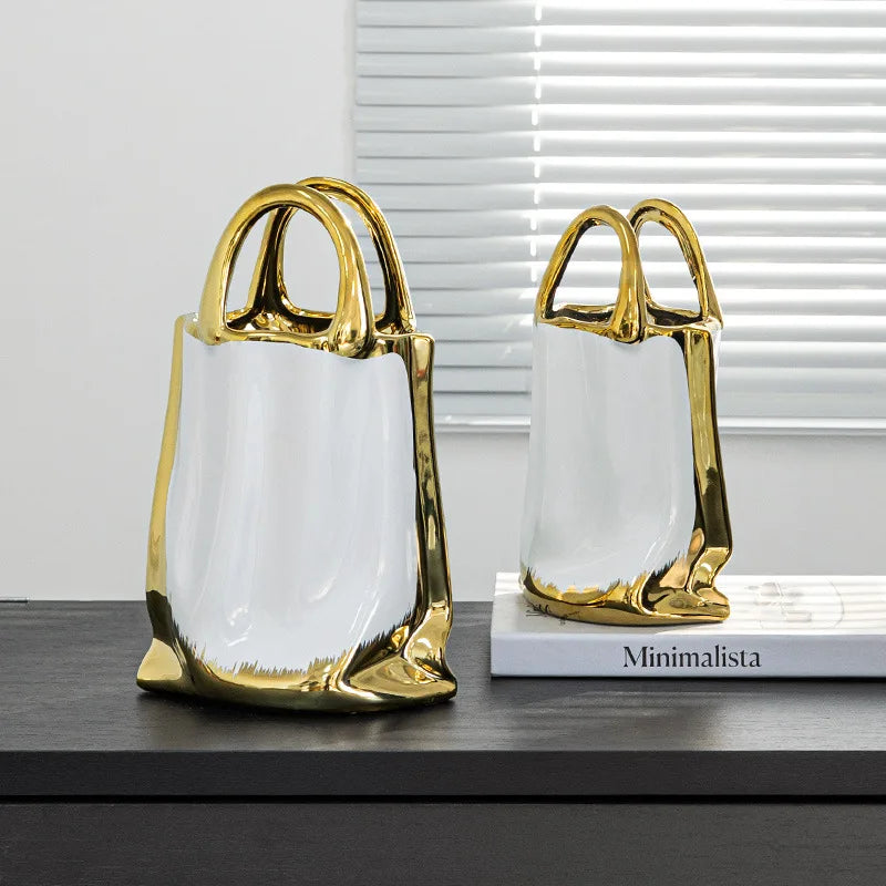 Gold Handbag Ceramic Vase Large Tabletop Decor