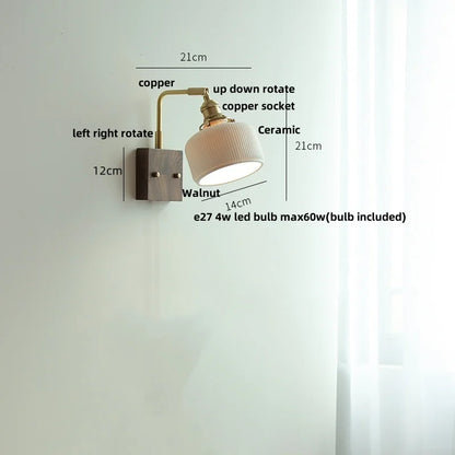DecorBites™ Globe Ceramic Walnut Wood Wall Light with Pull Chain Switch and Rotatable Design