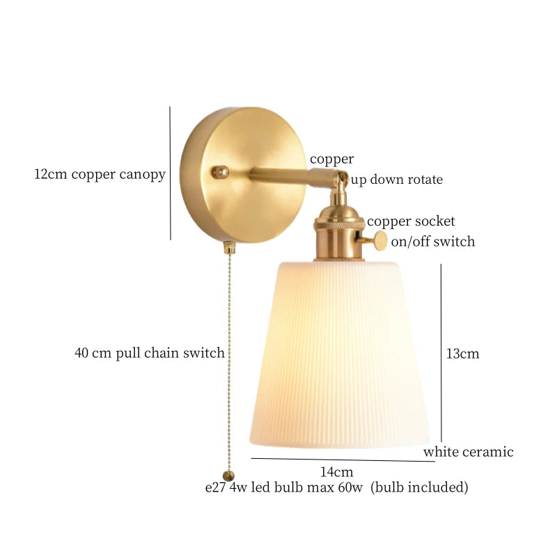 DecorBites™ Ceramic LED Wall Sconce with Pull Chain for Bedroom, Living Room, or Bathroom