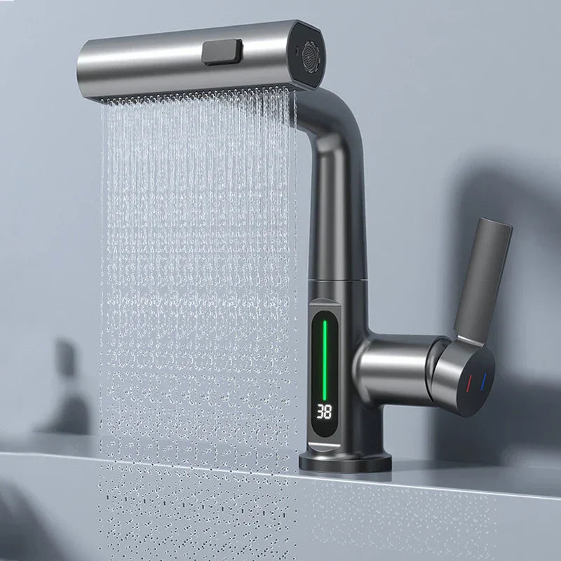 DecorBites™ Digital Display Waterfall Basin Faucet with Temperature Control and Lift Sprayer