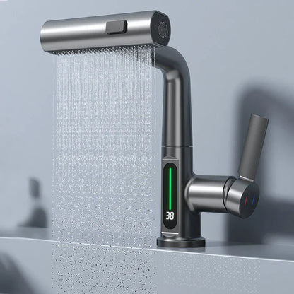 DecorBites™ Digital Display Waterfall Basin Faucet with Temperature Control and Lift Sprayer