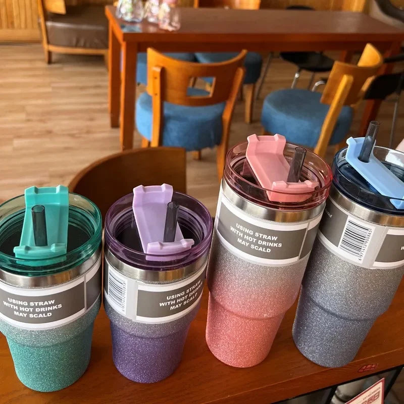DecorBites™ Double Wall Insulated Stainless Steel Water Bottle with Straw - Large Capacity Mug