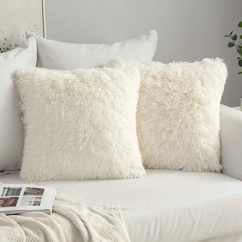 DecorBites™ Cozy Plush Fur Cushion Cover 43x43cm White Grey Sofa Decor Pillowcase