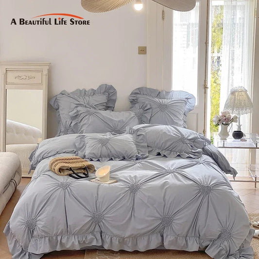 DecorBites™ Korean Princess Style Pure Cotton Bedding Set with Ruffles and Heart Pleat