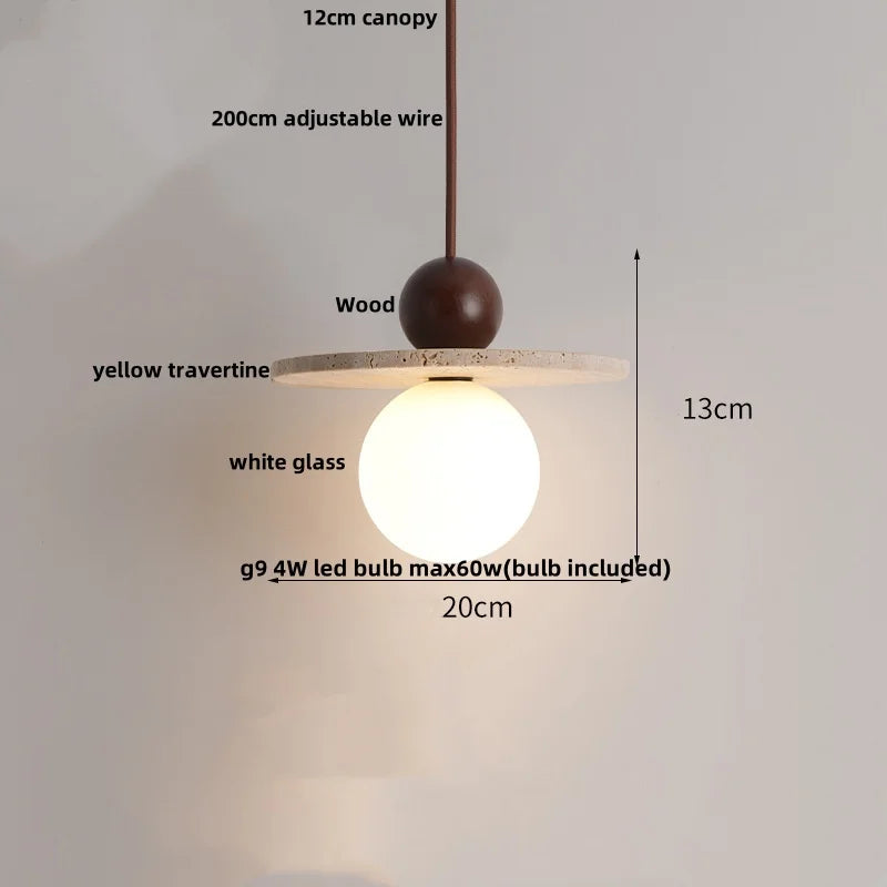 DecorBites™ Globe LED Pendant Light Yellow Travertine Stone White Glass Adjust Hang Lamp