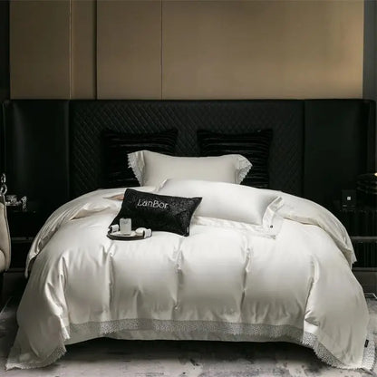 DecorBites™ French Lace Edge Bedding Set, 1000TC Egyptian Cotton, Queen King, Duvet, Sheet, Pillowcases