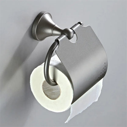 DecorBites™ Gray Bathroom Accessories Set: Towel Rack, Toilet Brush Holder, Shelf, Soap Dish