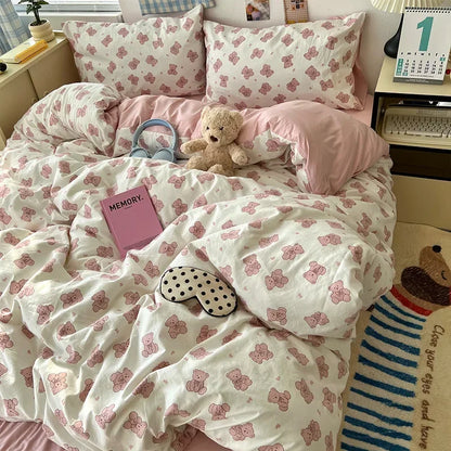 DecorBites™ Cute Cartoon Washed Cotton 4-Piece Bedding Set for Spring Soft Skin-Friendly Sheets