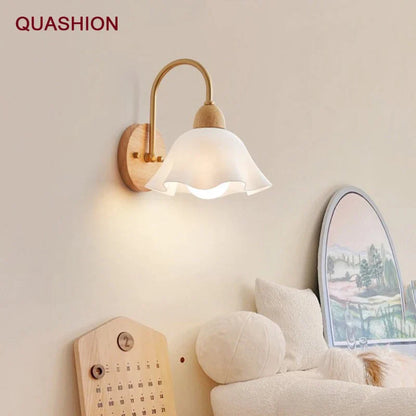 DecorBites™ Cream LED Wooden Flower Wall Lamp, Modern Bedroom Bedside Reading Light